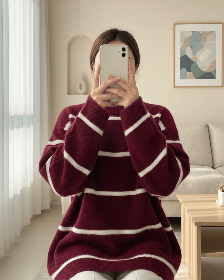 Çizgili Salaş Sakallı Triko Tunik -Bordo