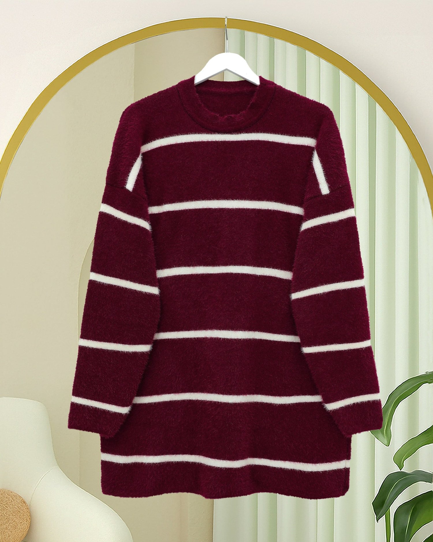 Çizgili Salaş Sakallı Triko Tunik -Bordo