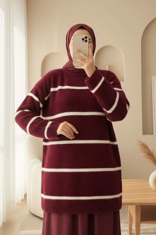 Çizgili Salaş Sakallı Triko Tunik -Bordo