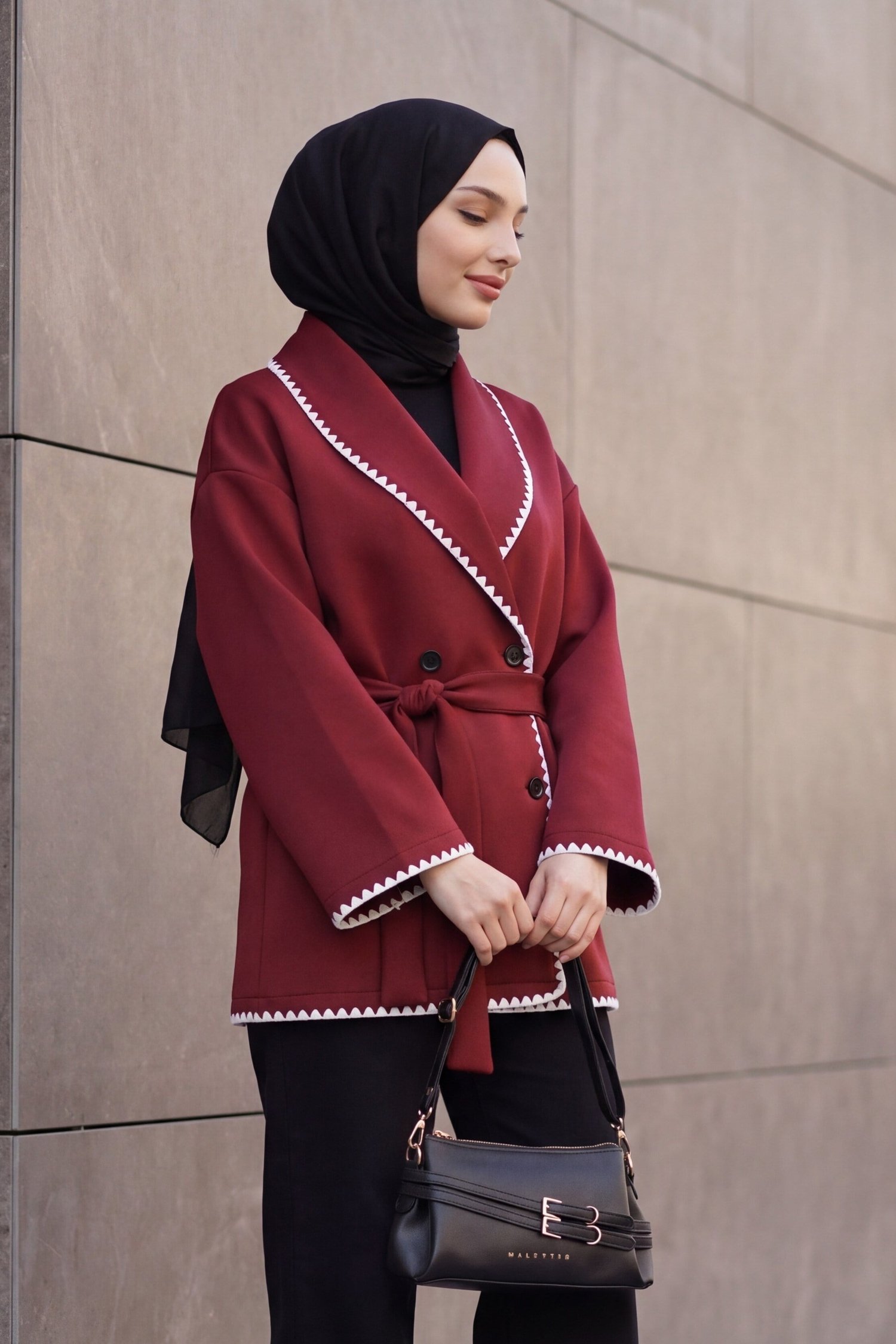 Çoban Dikişli Kemerli Scuba Ceket -Bordo