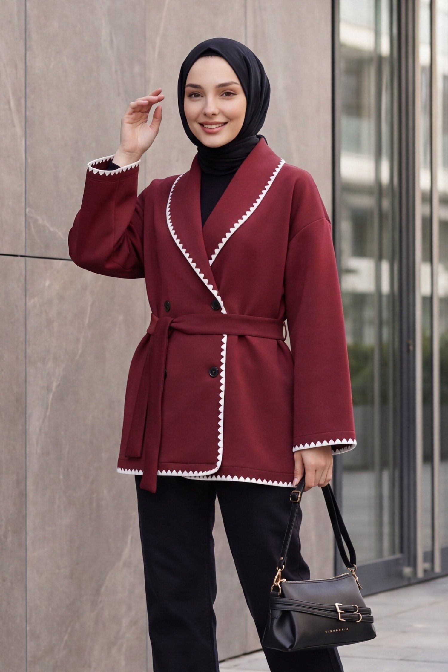 Çoban Dikişli Kemerli Scuba Ceket -Bordo