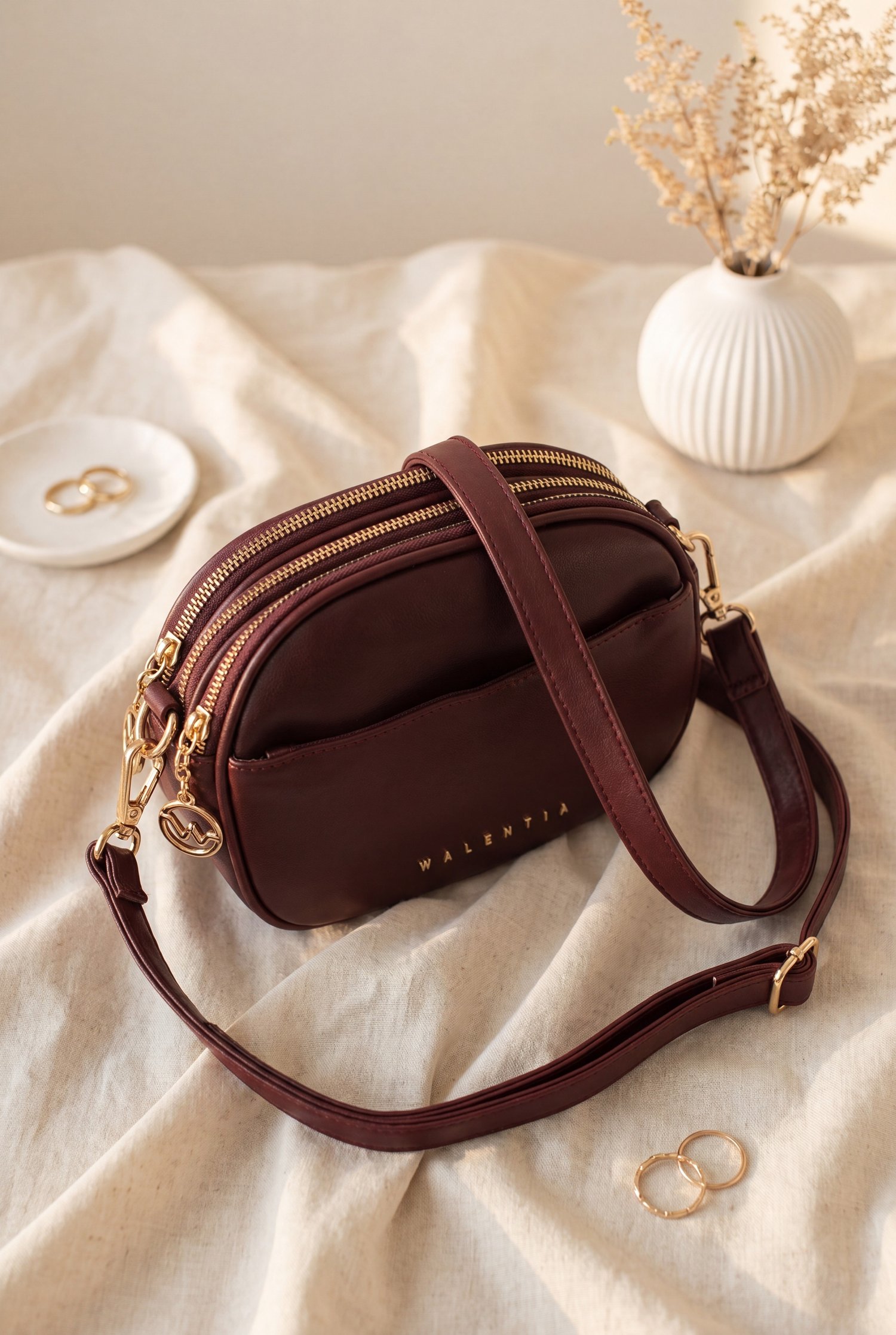Çok Bölmeli Uzun Askılı Çanta -Bordo