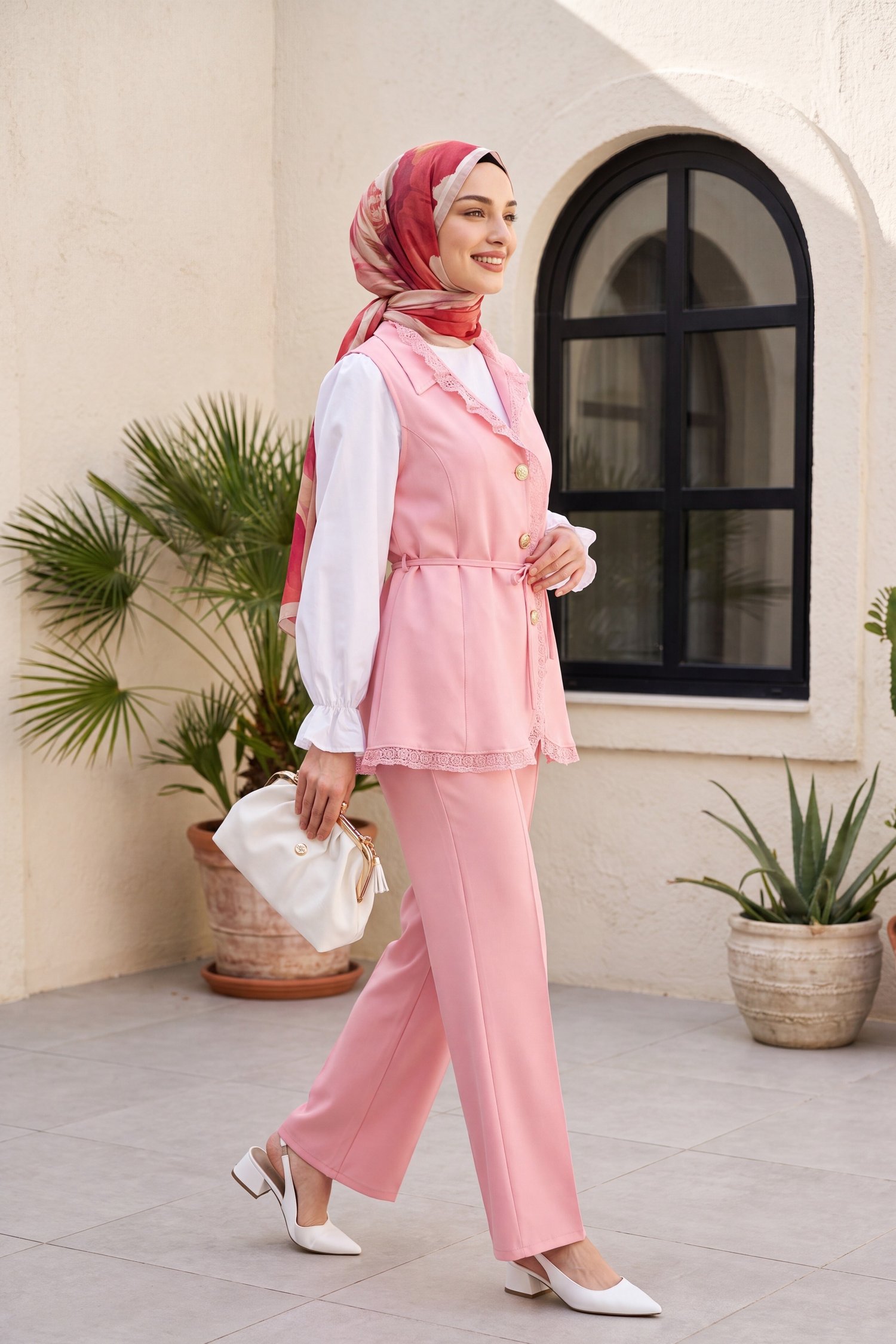 Dantel Detaylı Kemerli Yelek Pantolon İkili Krep Takım   -Pembe
