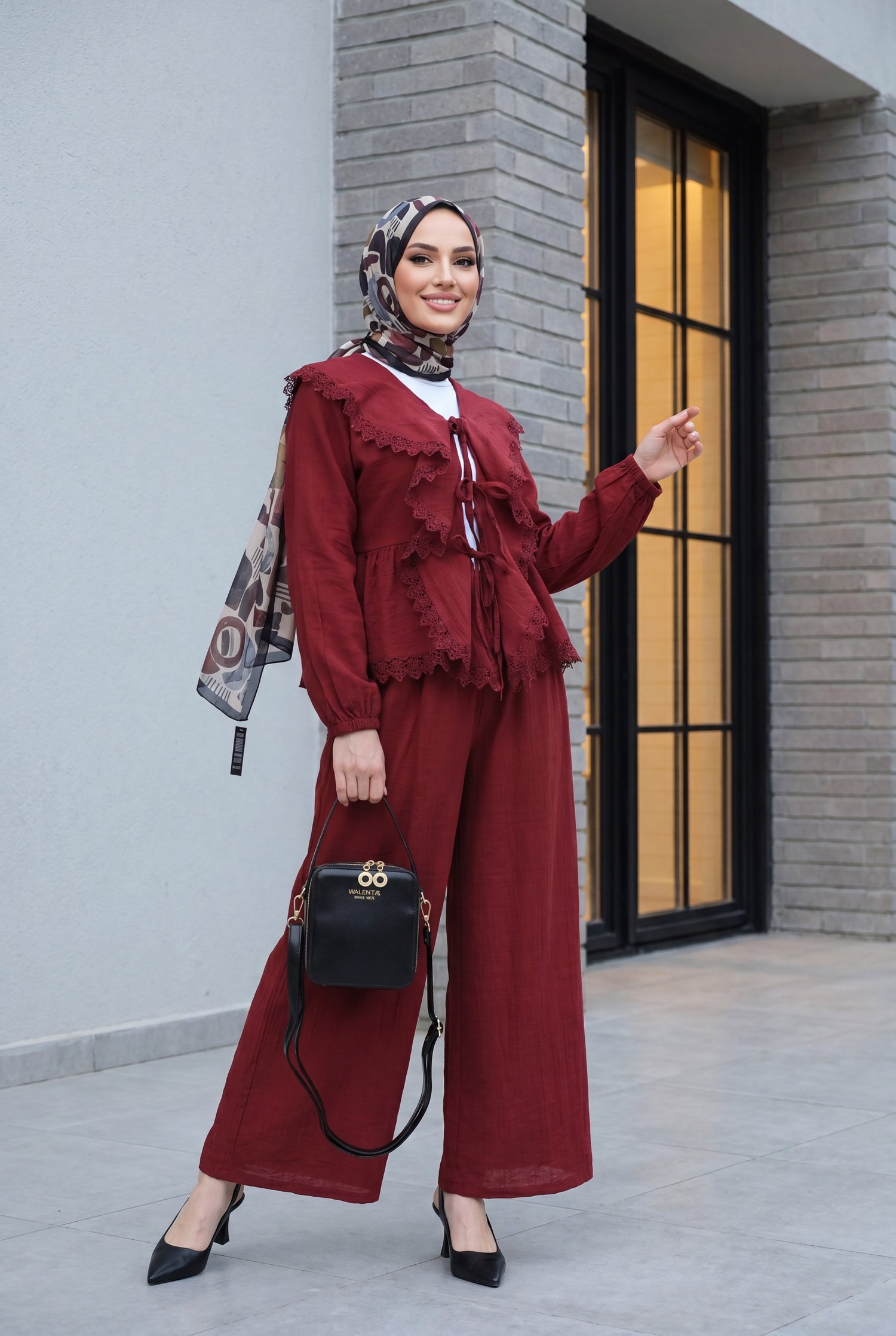 Dantel Detaylı Önü Bağlamalı Pantolonlu Çilek Takım  -Bordo