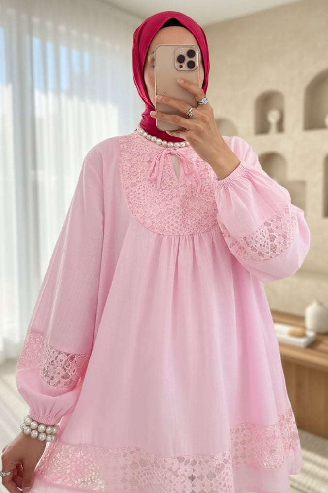 Dantel Detaylı Yakası Bağlamalı Kolu Lastikli Gömlek -Pembe