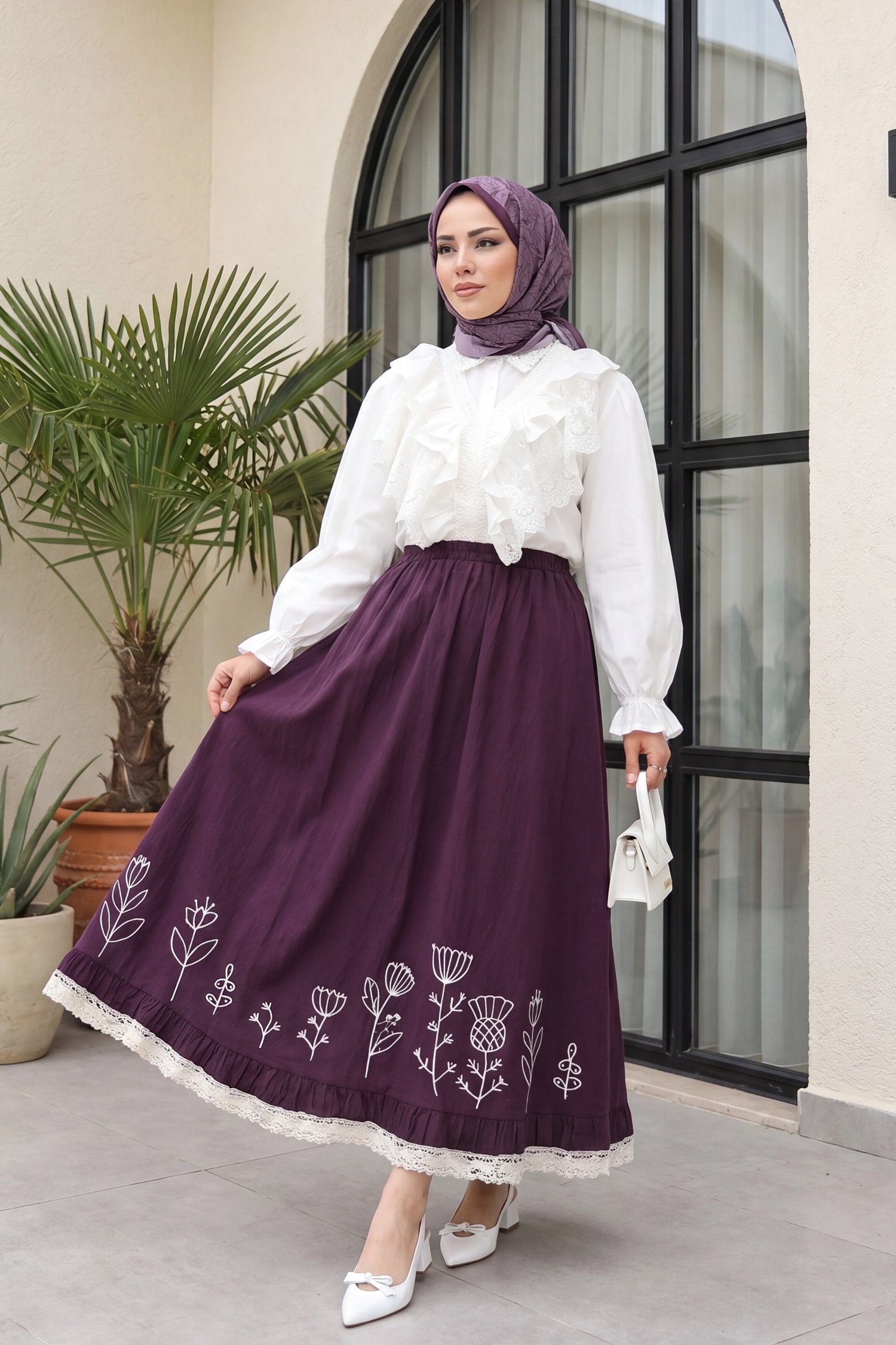 Dantel İşlemeli Beli Lastikli Etek -Mürdüm