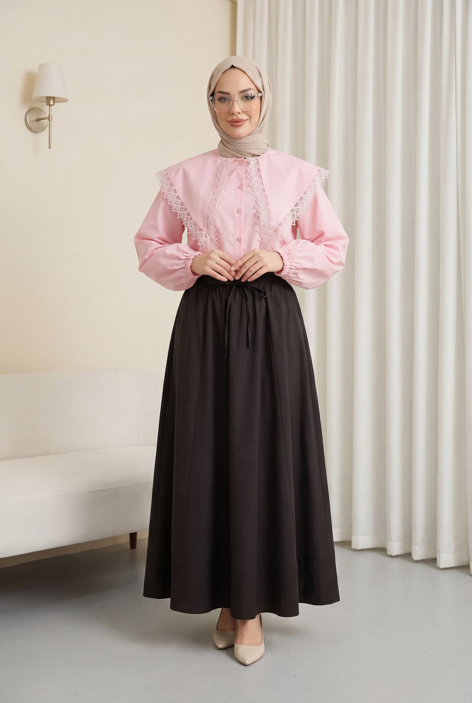 Dantelli Geniş Yakalı Bağcıklı Kolu Lastikli Poplin Gömlek -Pembe