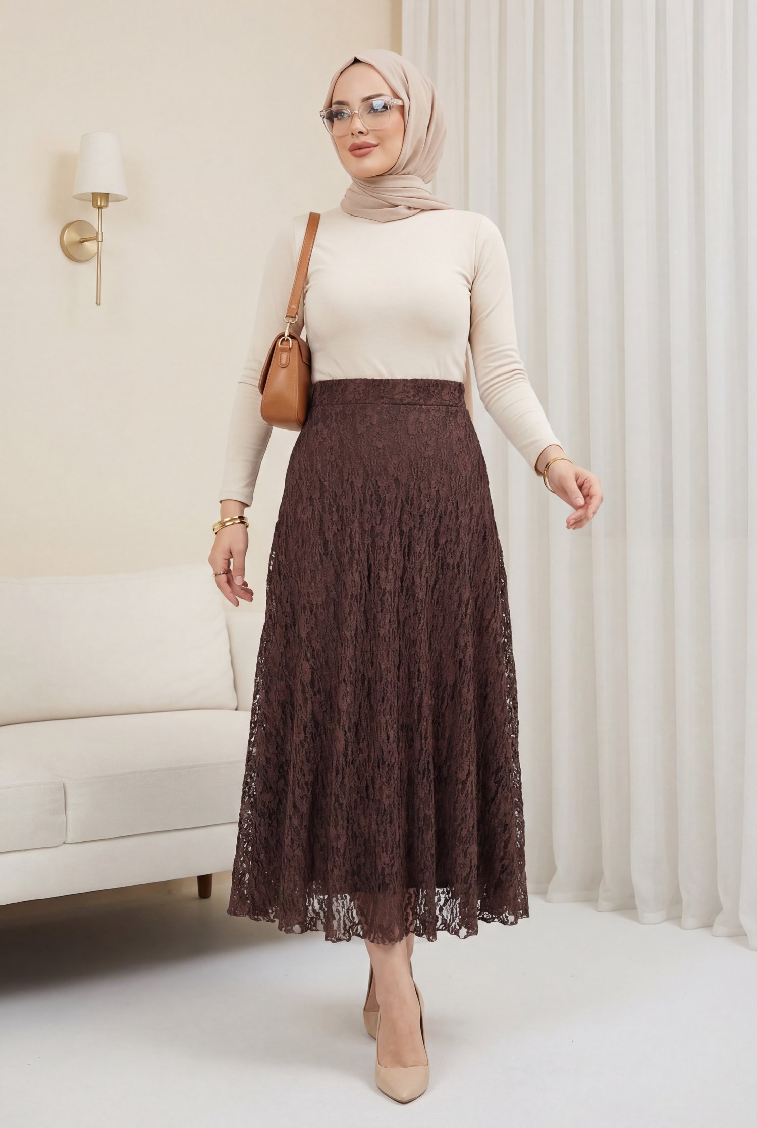Desenli Astarlı Güpür Dantel Etek -Kahve