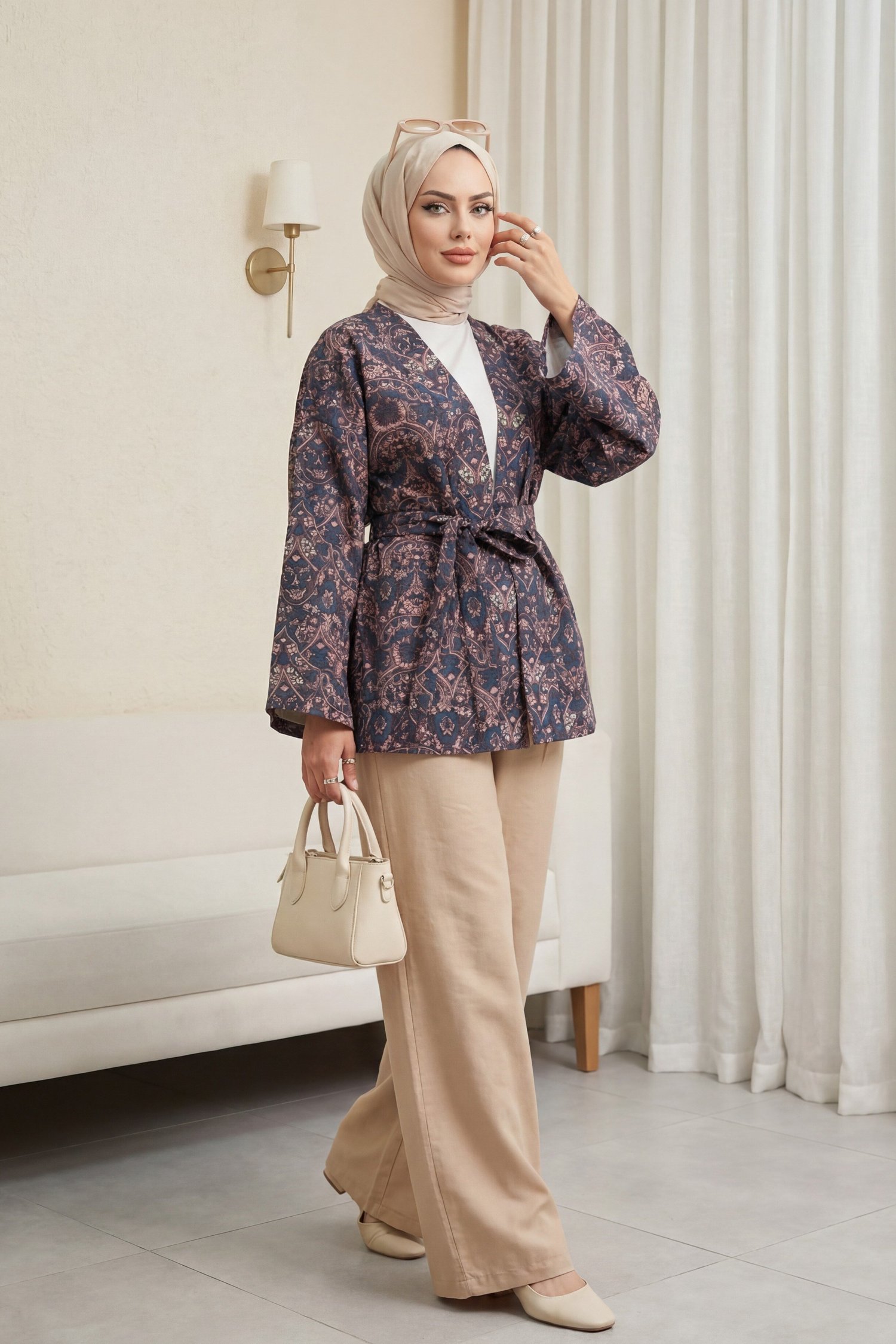 Dijital Baskılı Beli Kemerli Kapitone Kimono -Laci