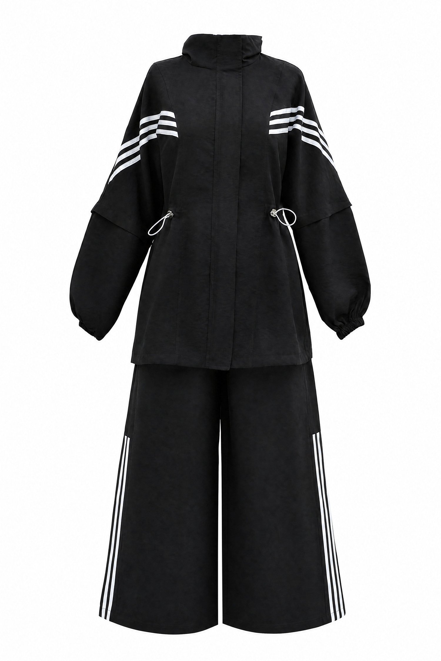 Dik Yaka Şeritli Kolu Ve Beli Lastikli Fermuarlı Takım -Siyah