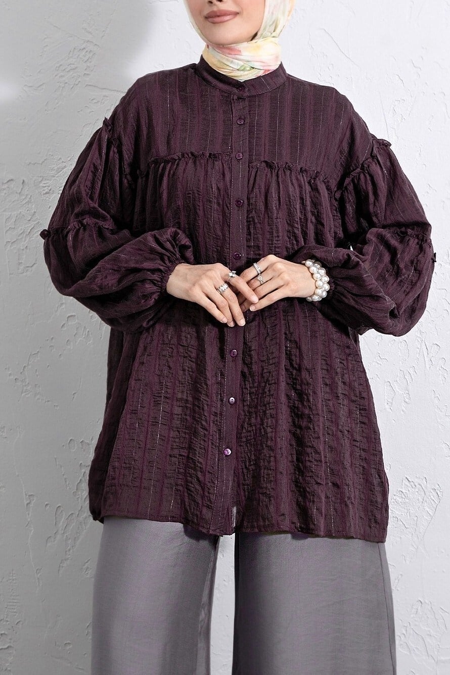 Dik Yaka Sim Çizgili Balon Kol Oversize Gofre Tunik -Mürdüm