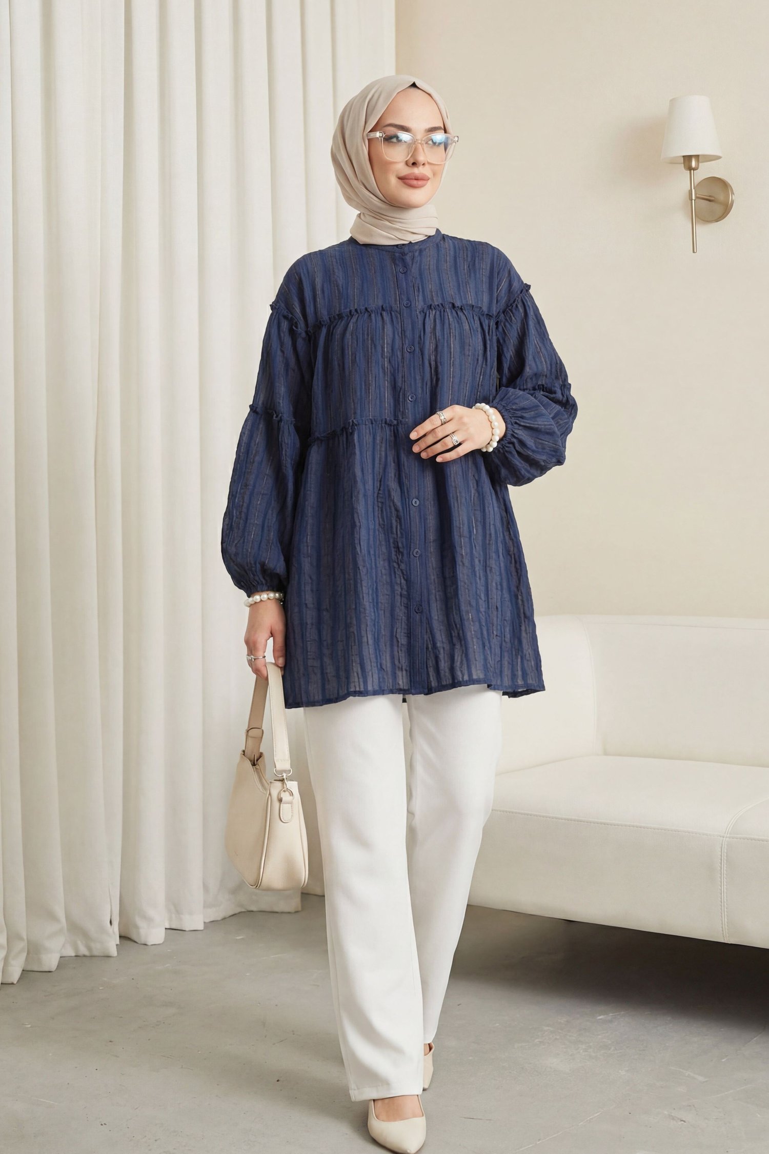 Dik Yaka Sim Çizgili Balon Kol Oversize Gofre Tunik -Laci