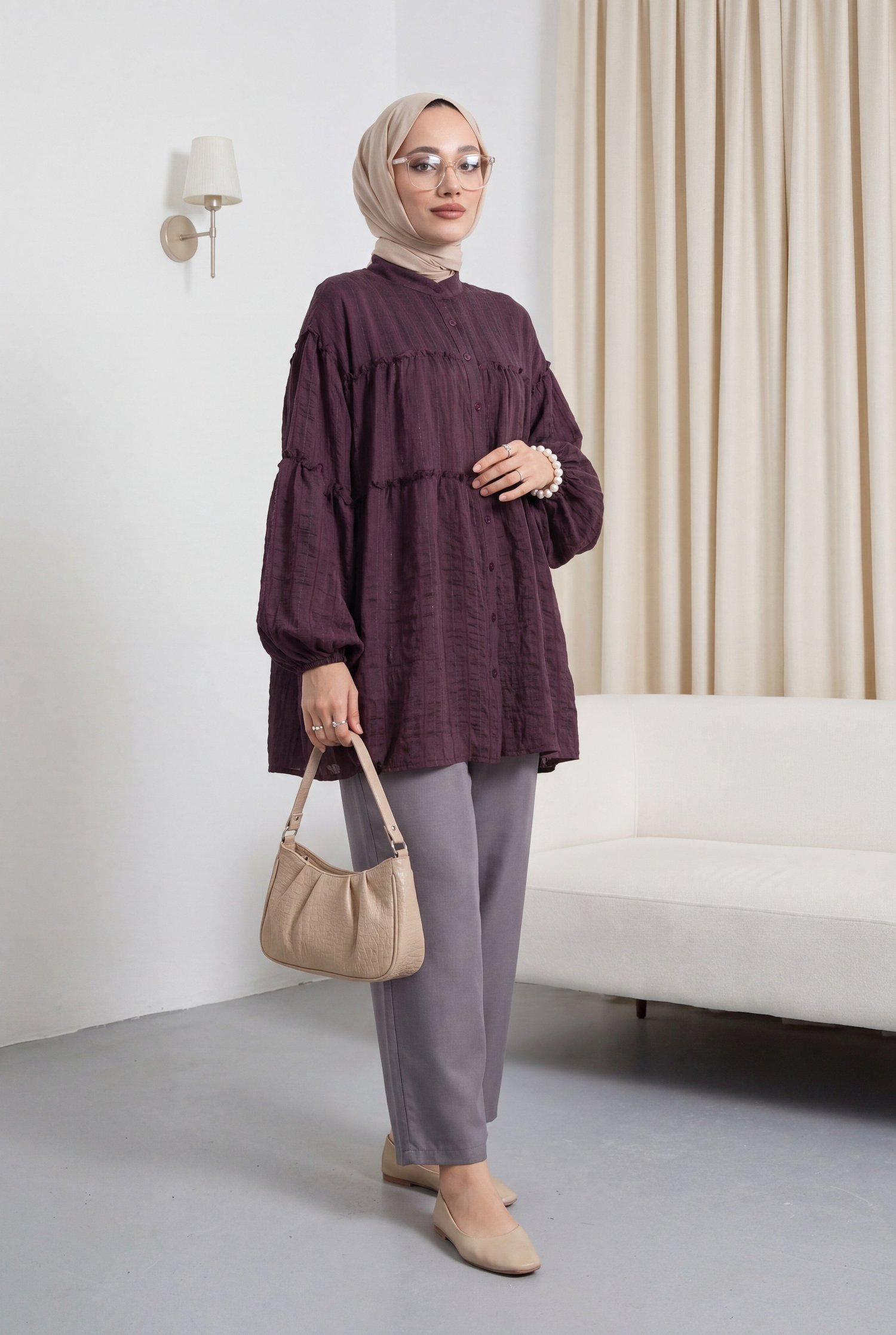 Dik Yaka Sim Çizgili Balon Kol Oversize Gofre Tunik -Mürdüm