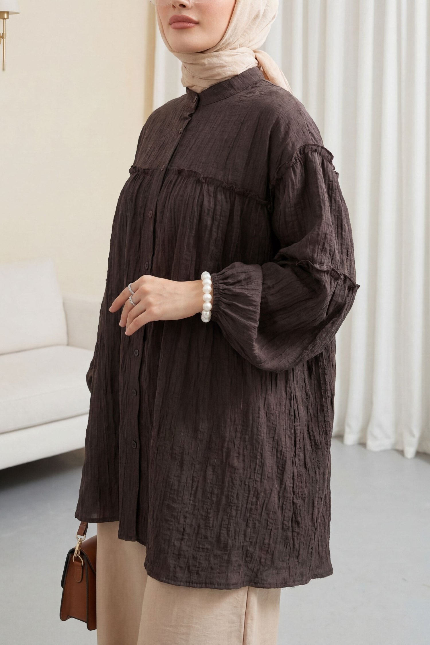 Dik Yaka Sim Çizgili Balon Kol Oversize Gofre Tunik -K. Kahve