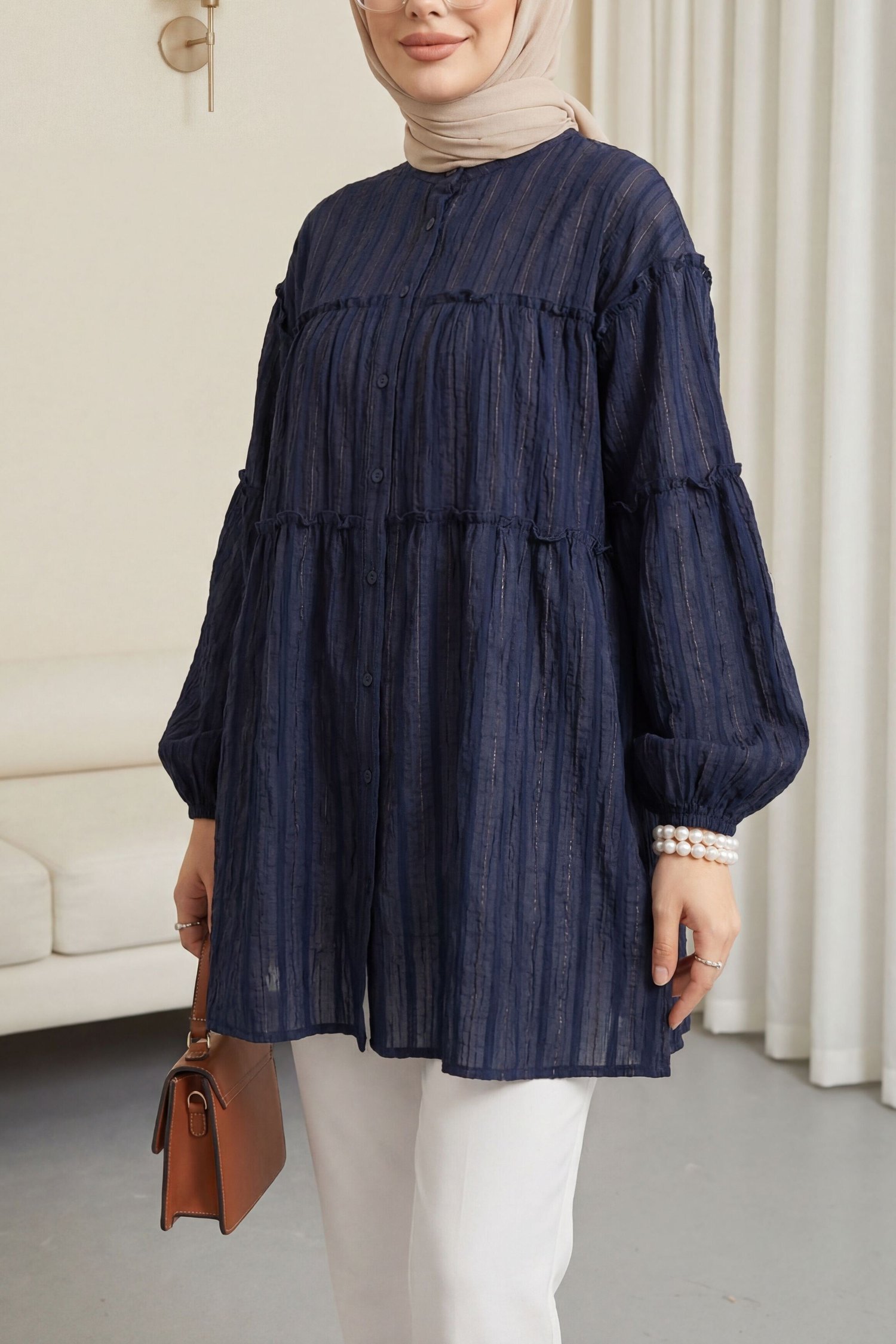 Dik Yaka Sim Çizgili Balon Kol Oversize Gofre Tunik -Laci