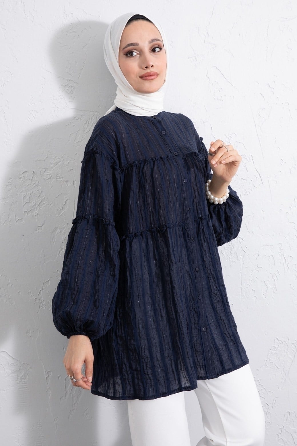 Dik Yaka Sim Çizgili Balon Kol Oversize Gofre Tunik -Laci