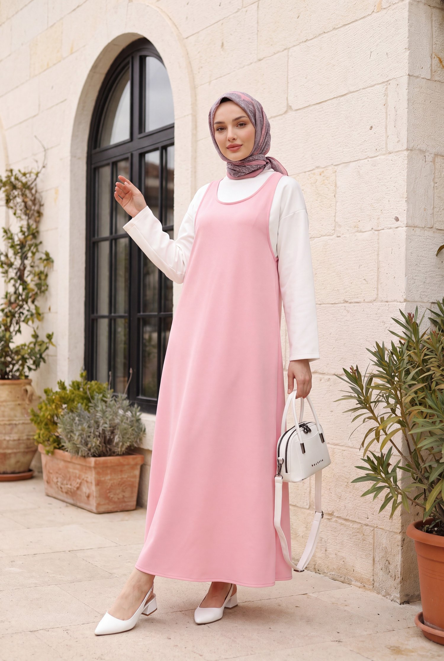 Dik Yaka Uzun Kol Bluzlu Dabıl Krep Jile Takım -Pembe