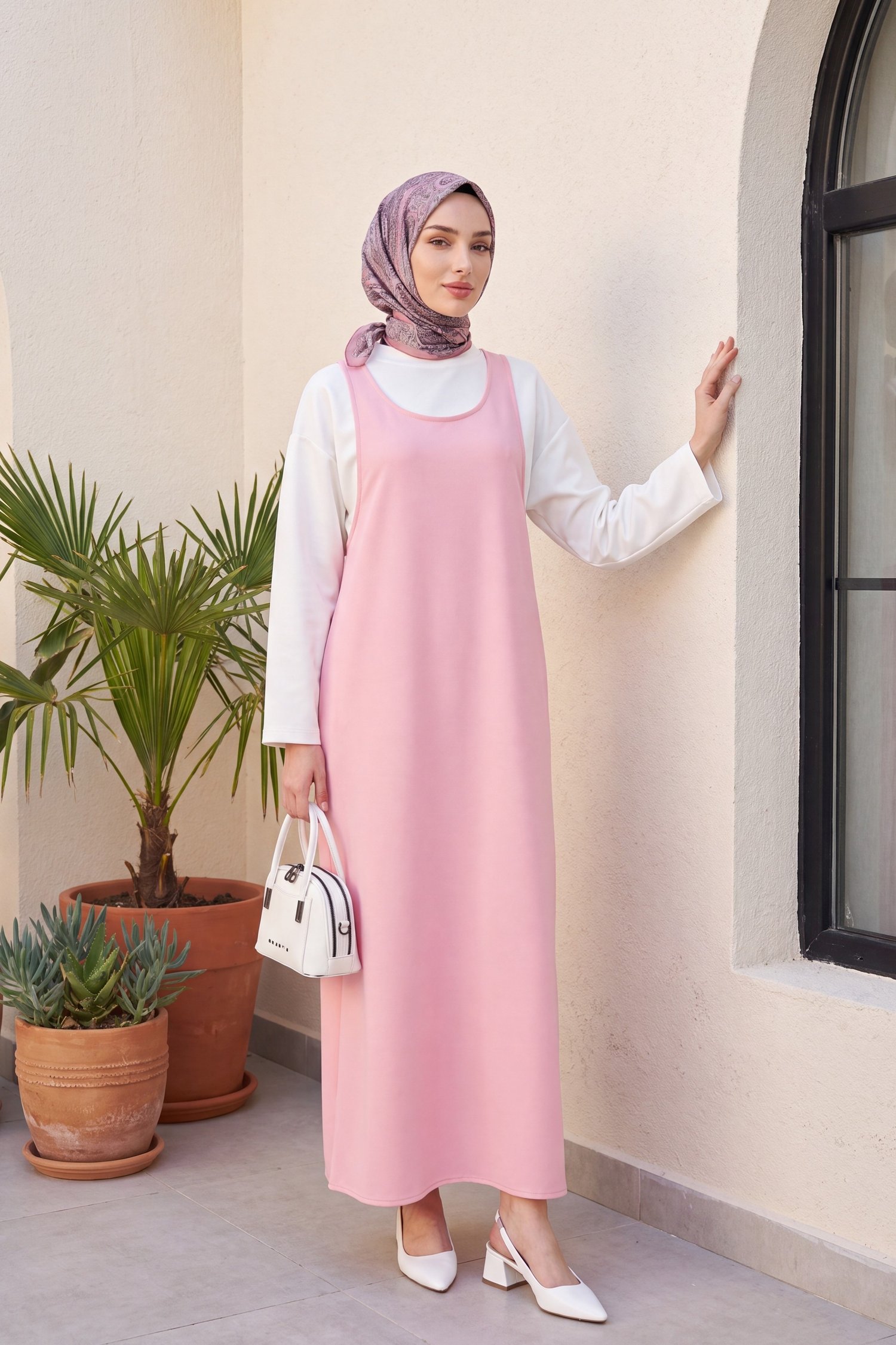 Dik Yaka Uzun Kol Bluzlu Dabıl Krep Jile Takım -Pembe