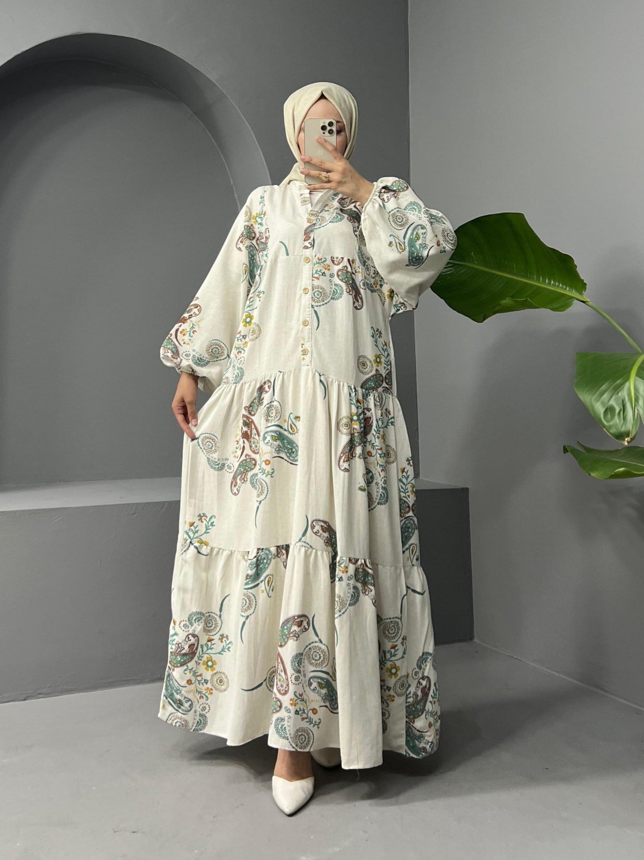 Dik Yaka Yarım Düğmeli Keten Görünümlü Elbise -Zümrüt