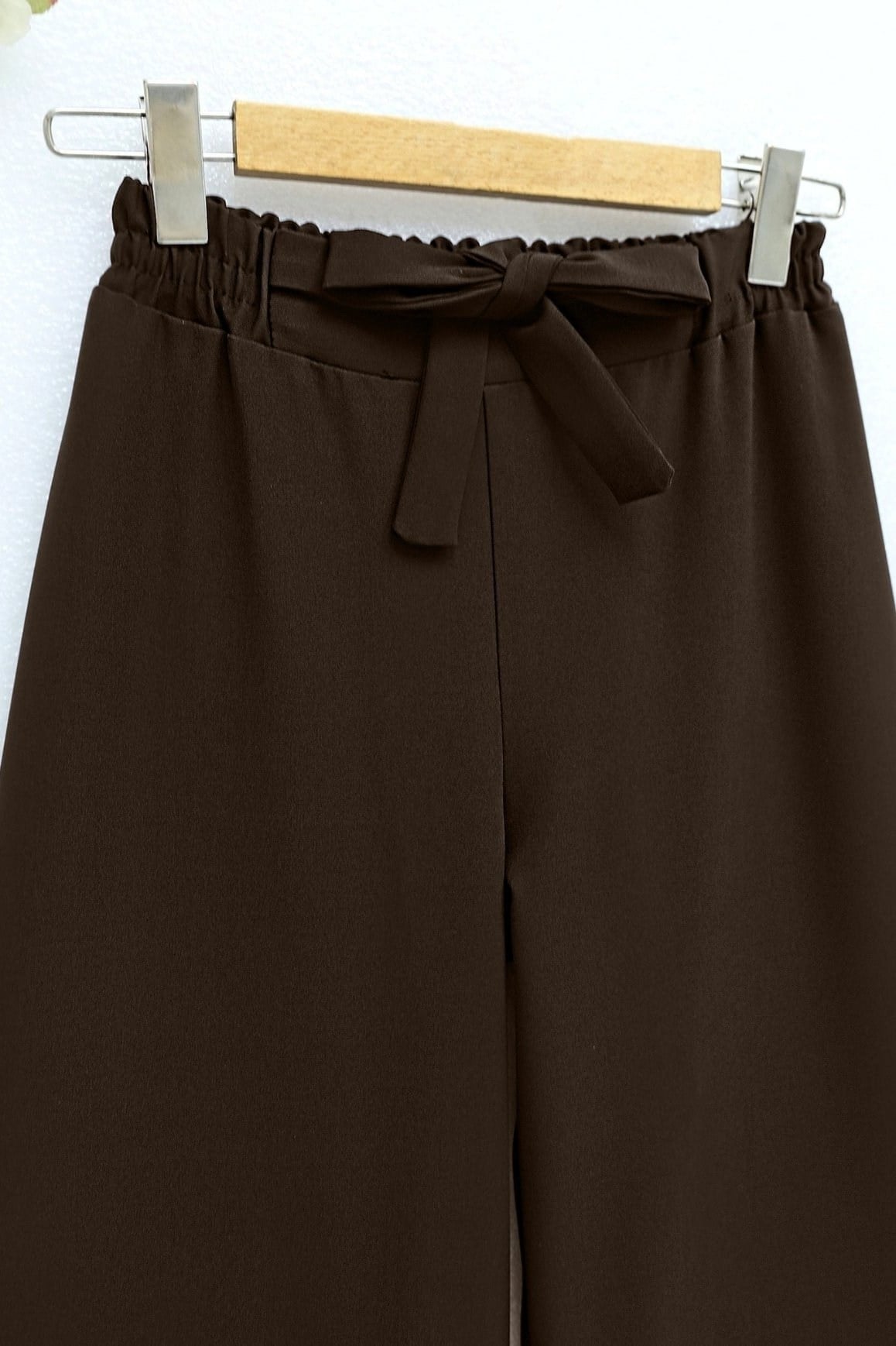 Duble Kumaş Beli Kuşaklı Bol Paça Pantolon  -Kahverengi