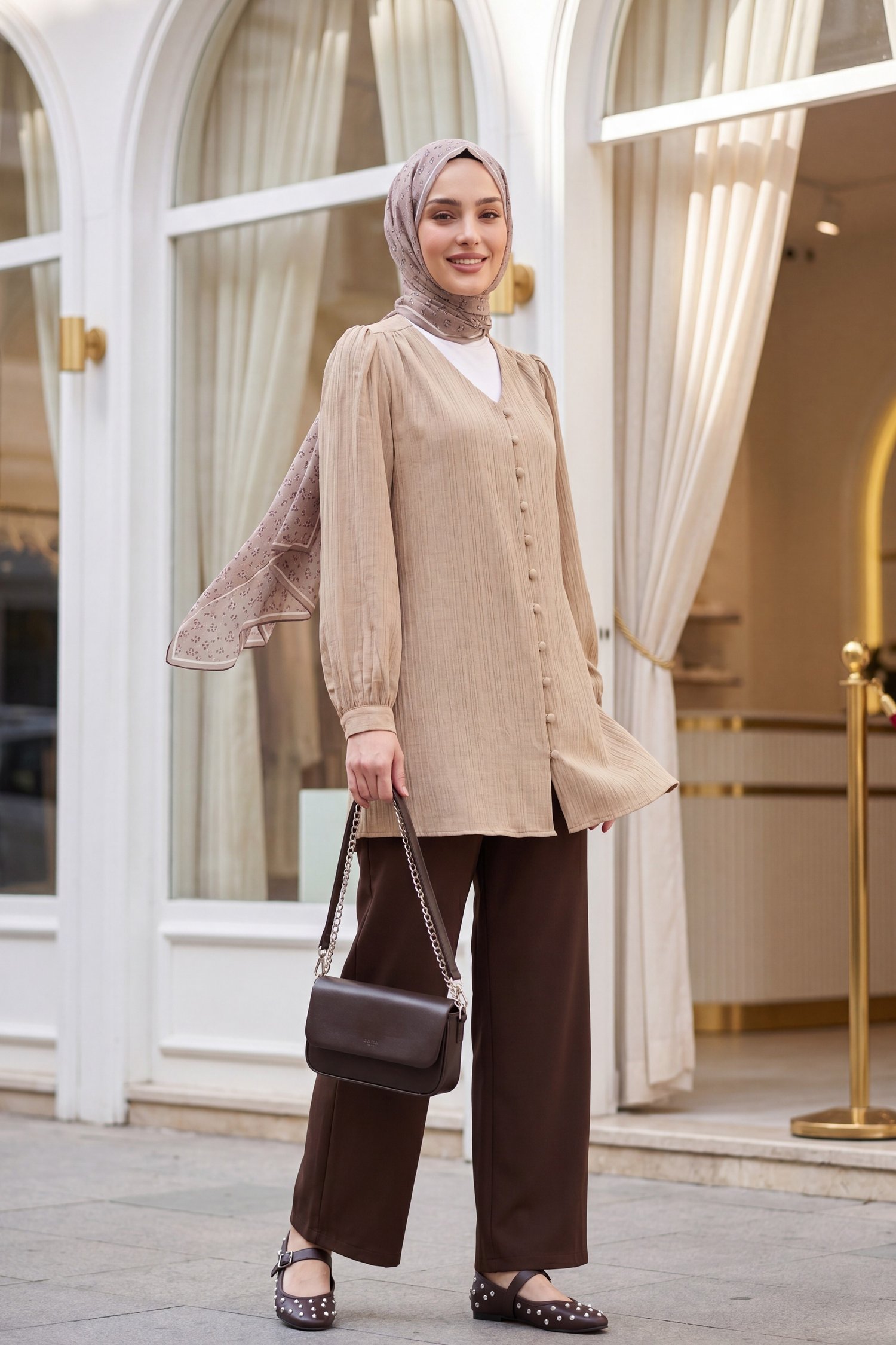 Duble Kumaş Beli Kuşaklı Bol Paça Pantolon  -Kahverengi