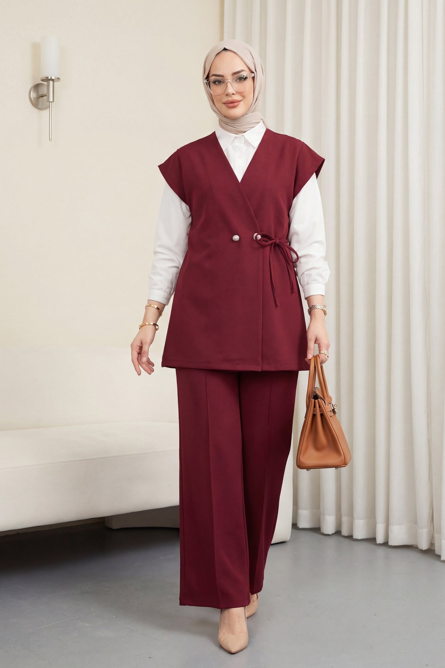 Düğme Detaylı Çift Bağcıklı Yelek Pantolon Double Krep Takım -Bordo