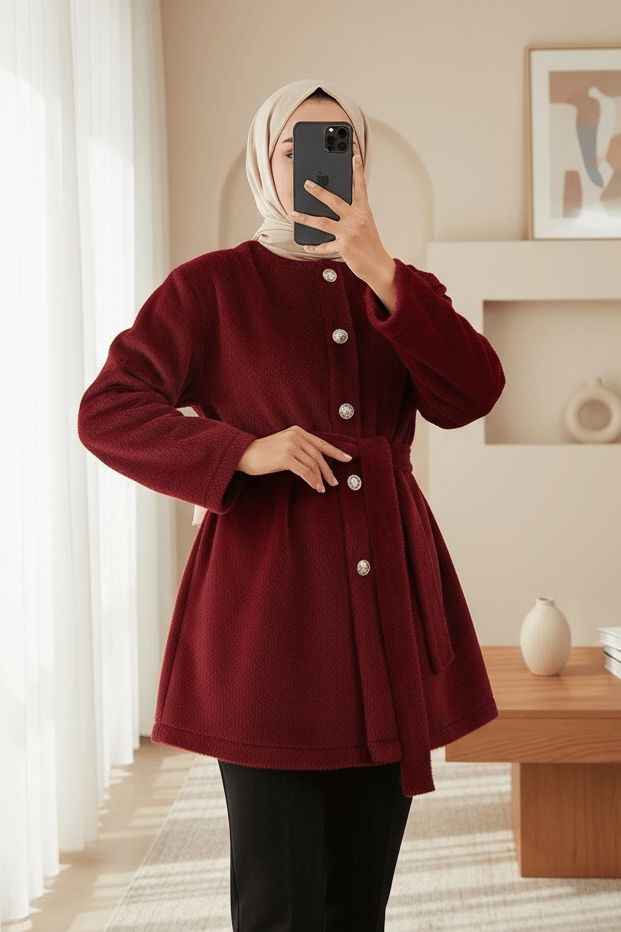 Düğmeli Beli Bağlamalı Kürklü Ceket  -Bordo