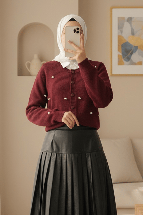 Düğmeli Çiçek Detaylı Yumoş Hırka -Bordo