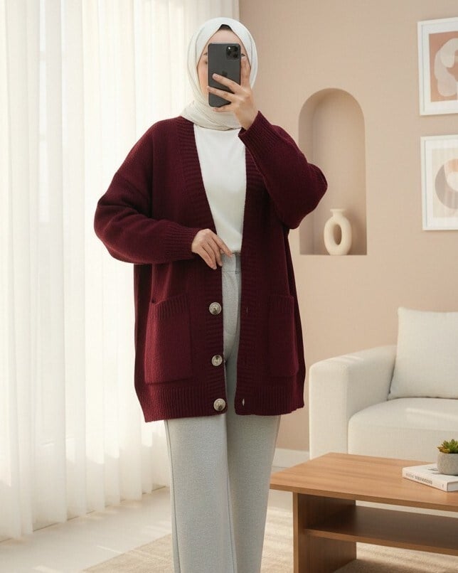 Düğmeli Çift Cepli Salaş Triko Hırka -Bordo