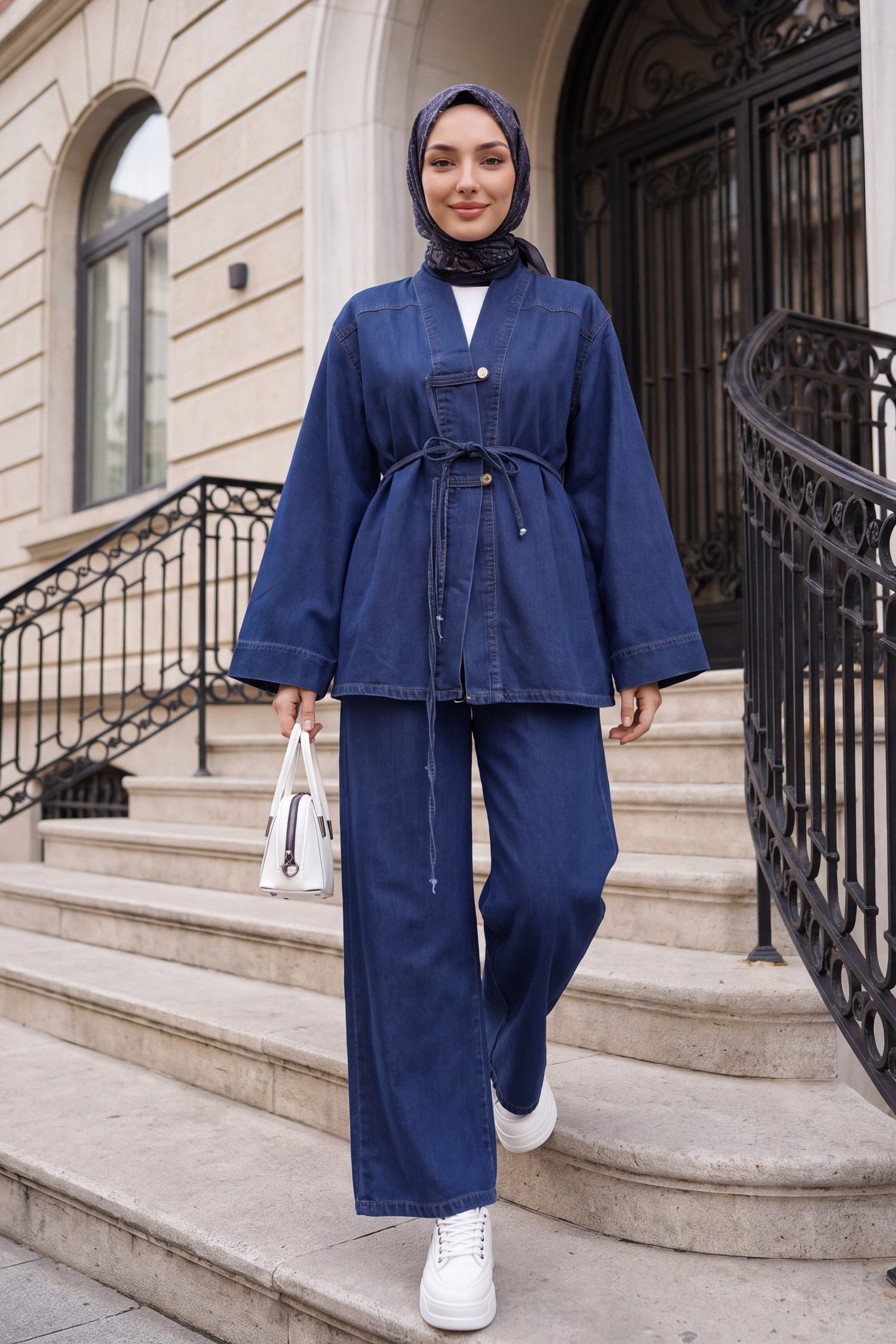 Düğmeli Kemerli Bol Paça Pantolonlu Kot Kimono Takım -Lacivert