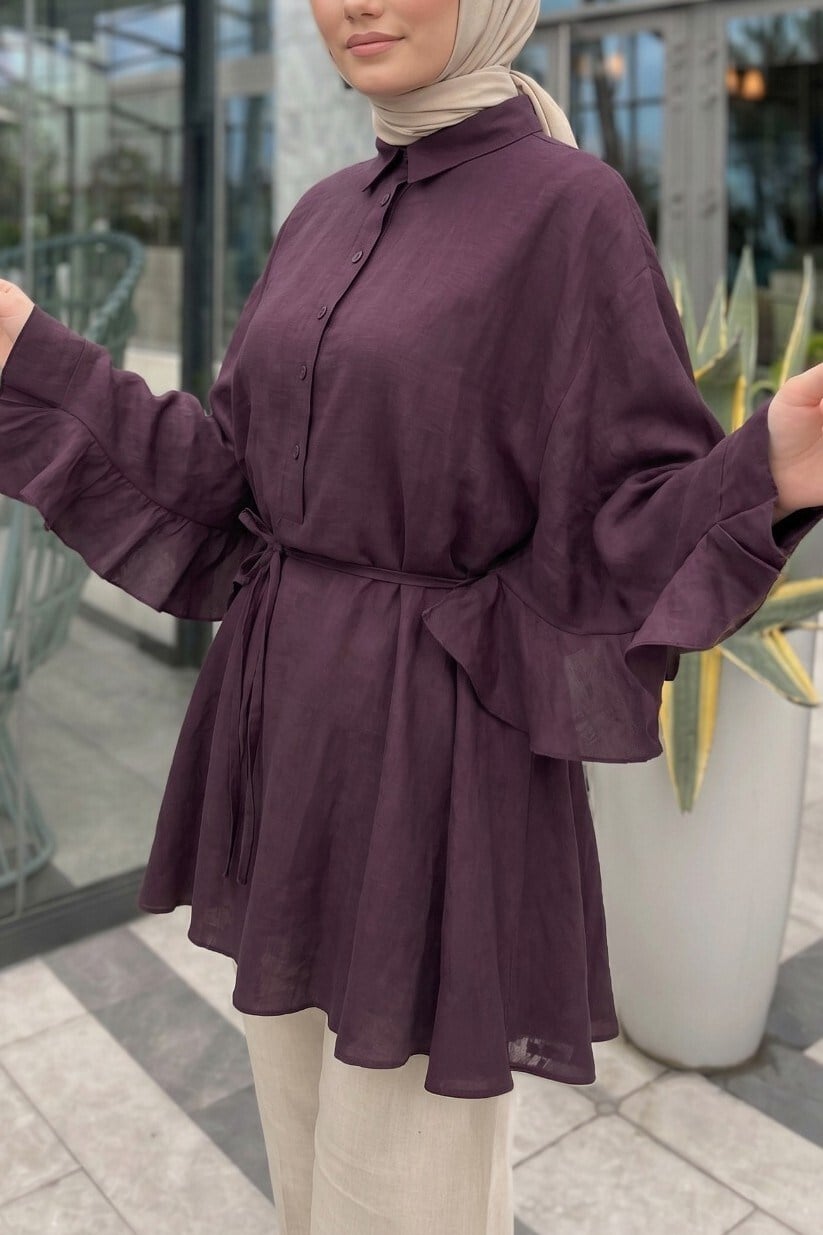 Düğmeli Kemerli Yarasa Kol Volanlı Oversize Modal Tunik  -Mürdüm