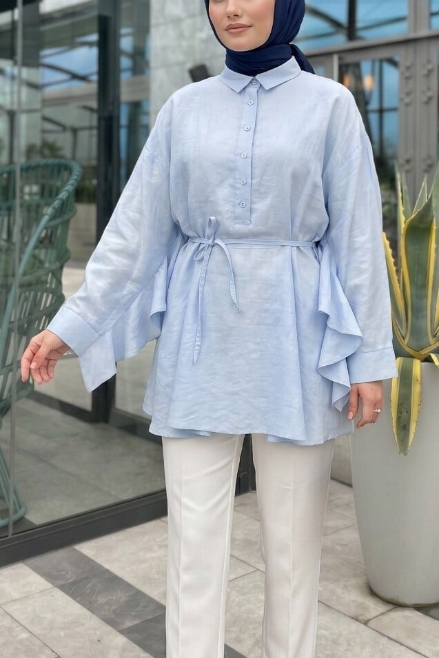 Düğmeli Kemerli Yarasa Kol Volanlı Oversize Modal Tunik  -Bebe Mavi