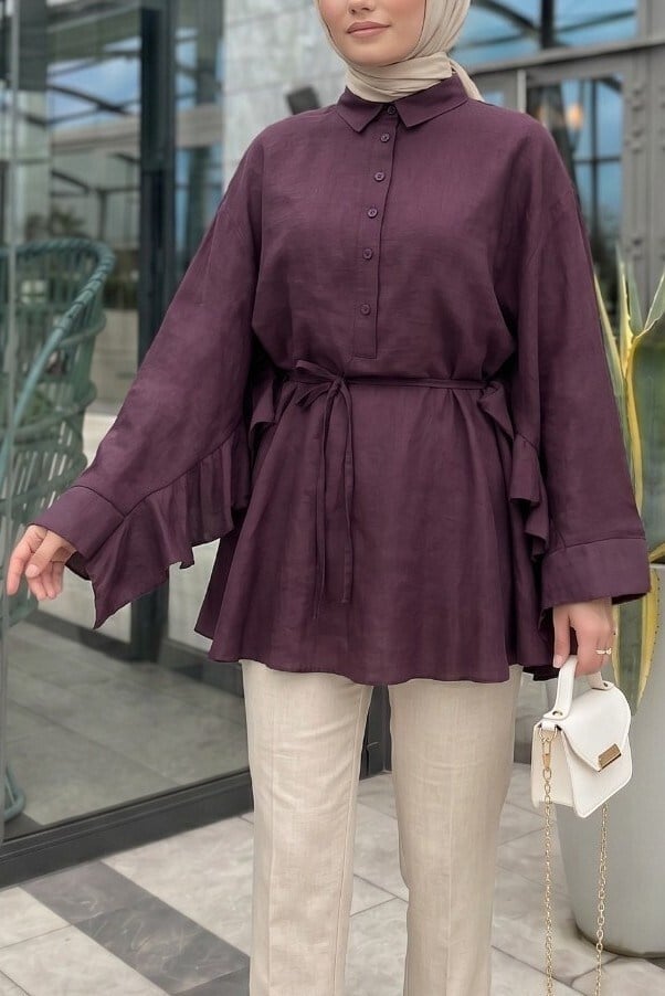 Düğmeli Kemerli Yarasa Kol Volanlı Oversize Modal Tunik  -Mürdüm