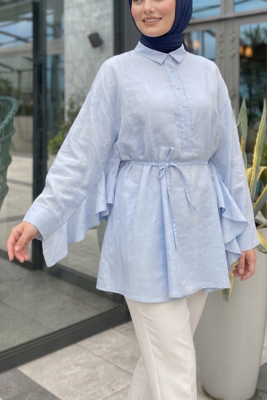 Düğmeli Kemerli Yarasa Kol Volanlı Oversize Modal Tunik  -Bebe Mavi
