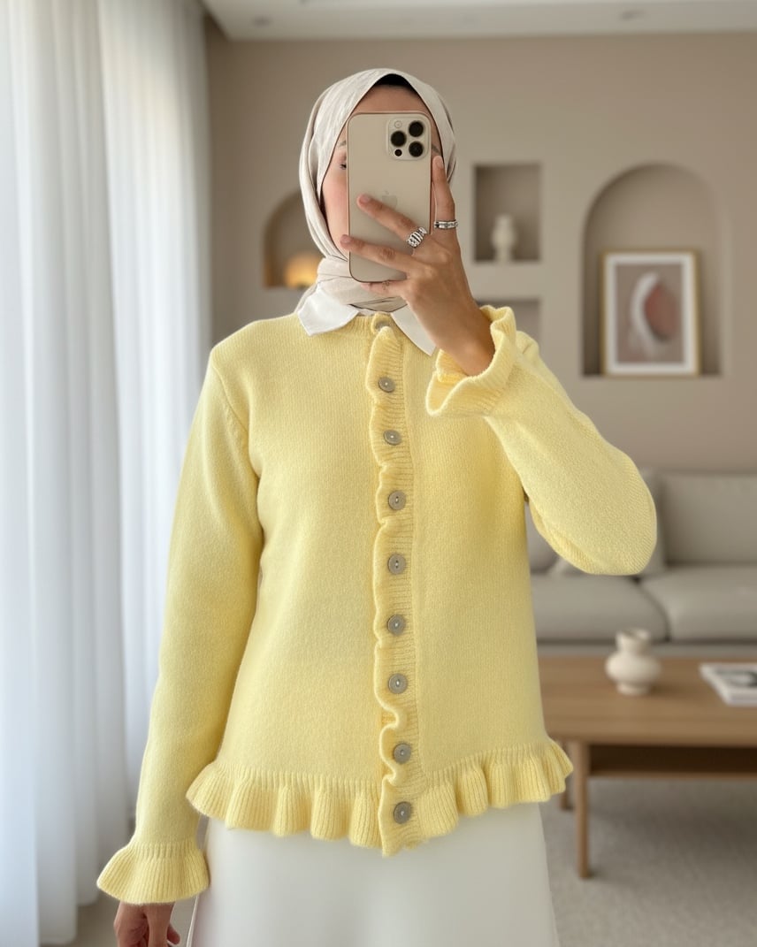 Düğmeli Önü Ve Eteği Fırfırlı Hırka -Açık Sarı
