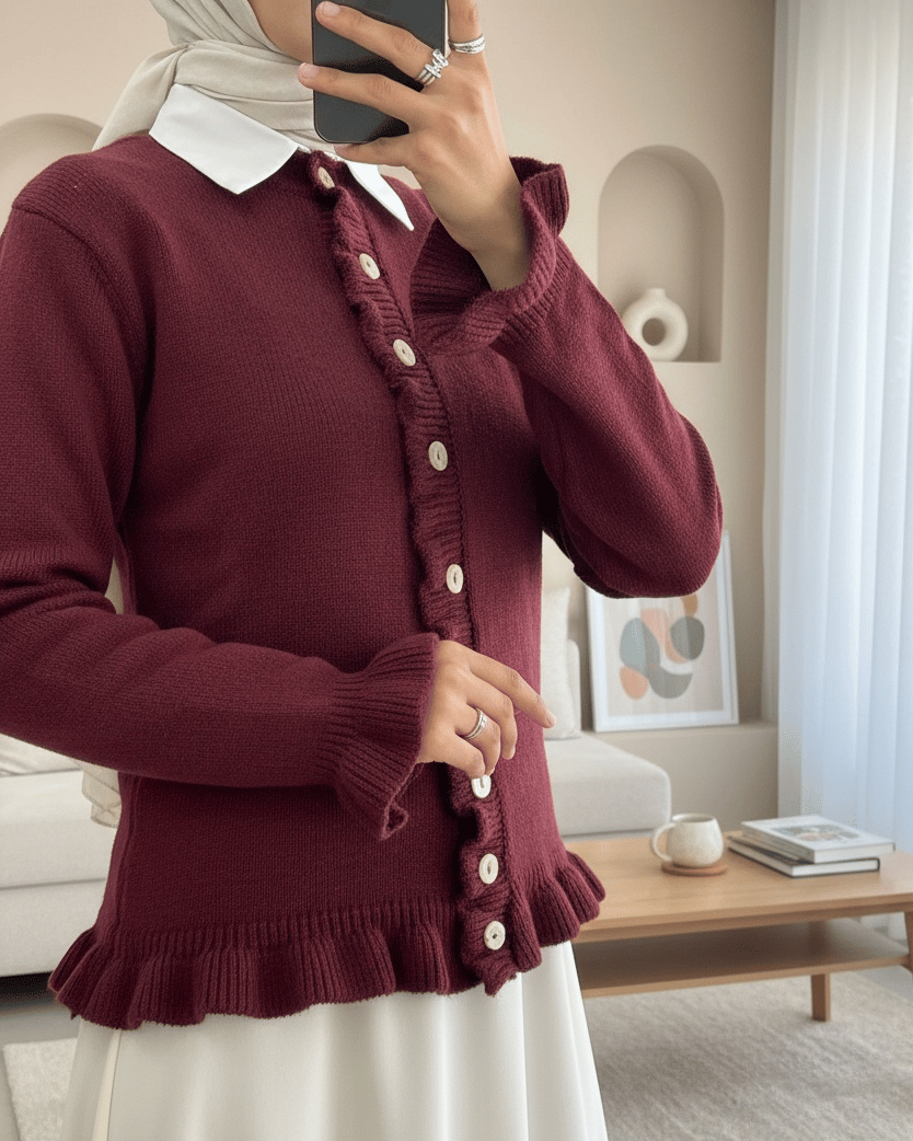 Düğmeli Önü Ve Eteği Fırfırlı Hırka -Bordo