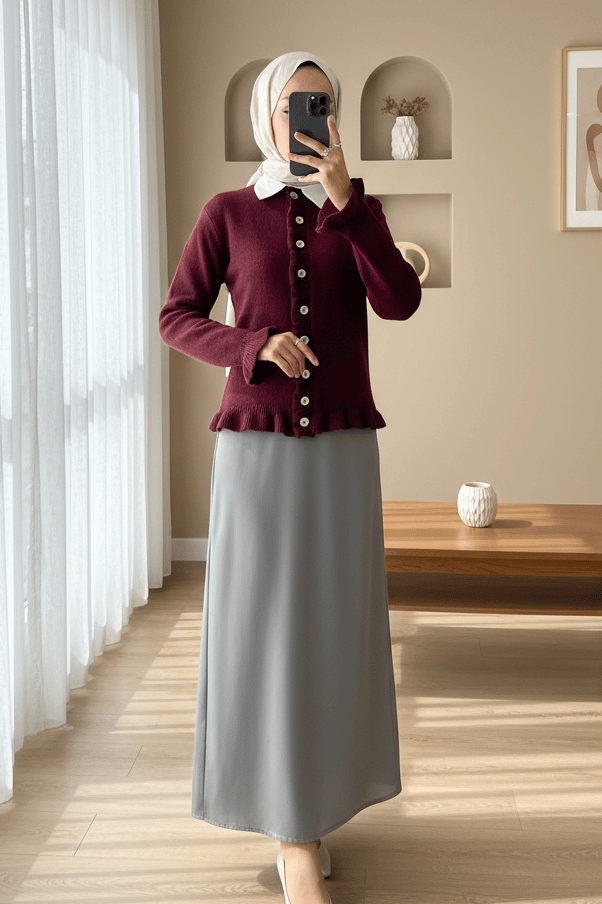 Düğmeli Önü Ve Eteği Fırfırlı Hırka -Bordo