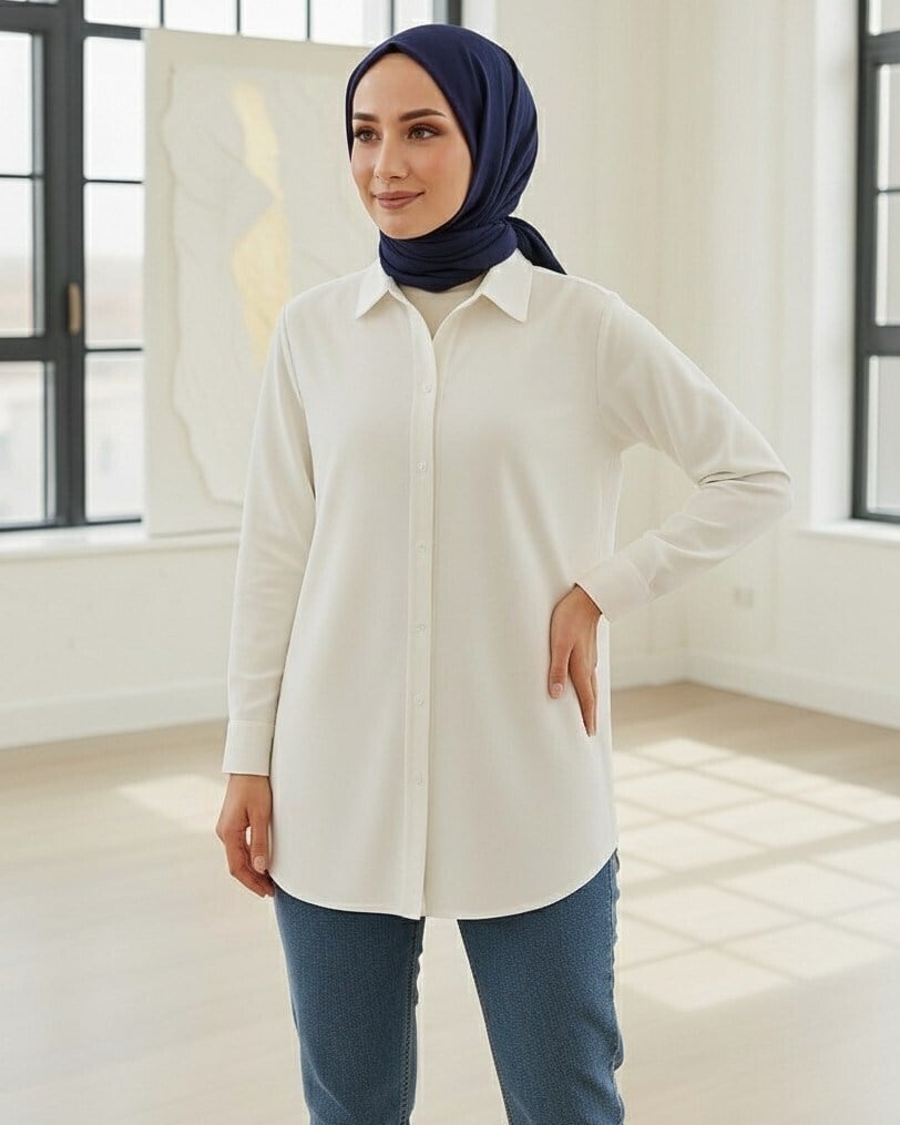 Düğmeli Oversize Düz Gömlek -Beyaz
