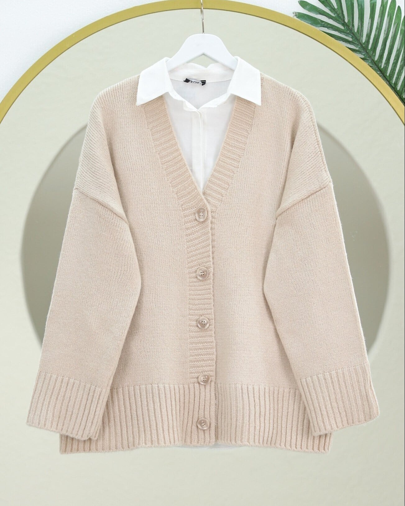 Düğmeli Oversize Triko Hırka -Bej