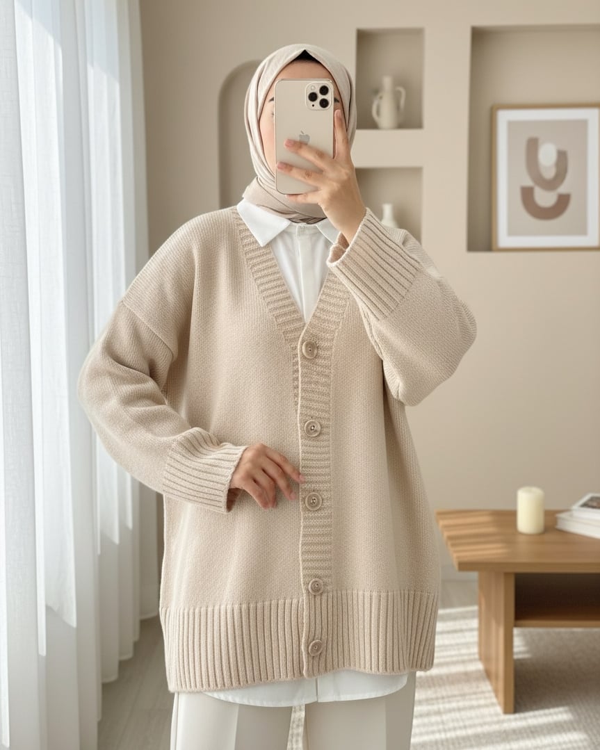 Düğmeli Oversize Triko Hırka -Bej