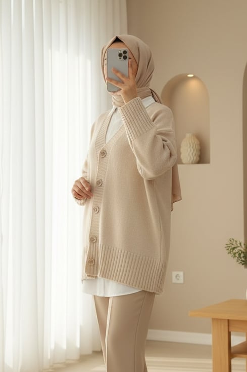 Düğmeli Oversize Triko Hırka -Bej