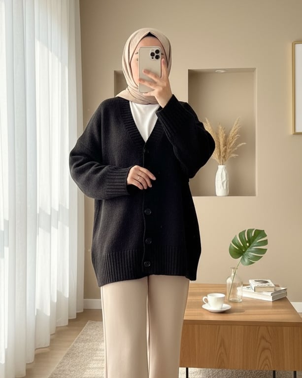 Düğmeli Oversize Triko Hırka -Siyah