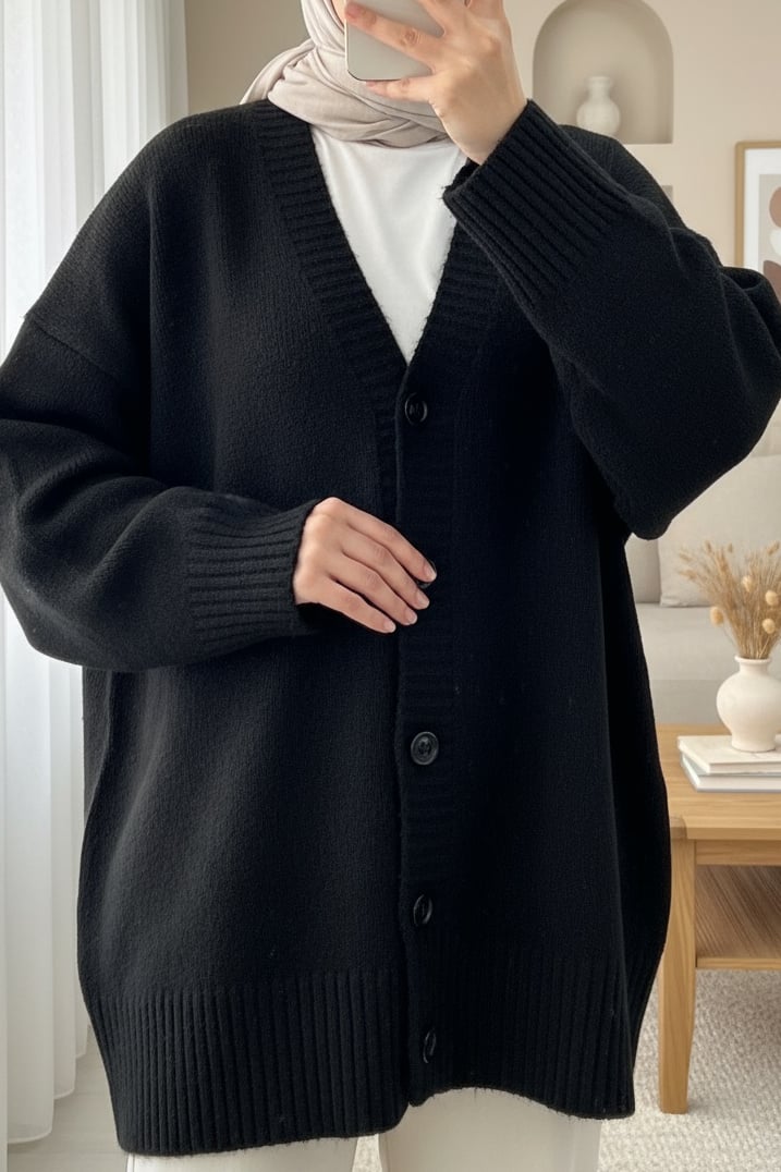 Düğmeli Oversize Triko Hırka -Siyah