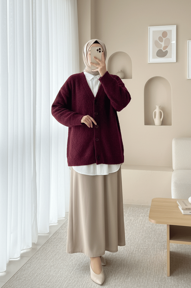 Düğmeli Salaş Triko Hırka -Bordo