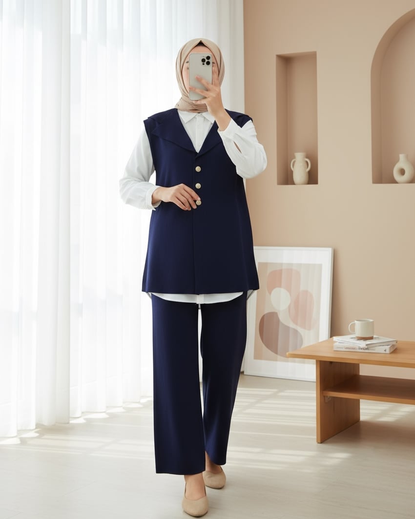 Düğmeli V Yaka Yelek Pantolon Triko Takım -Laci