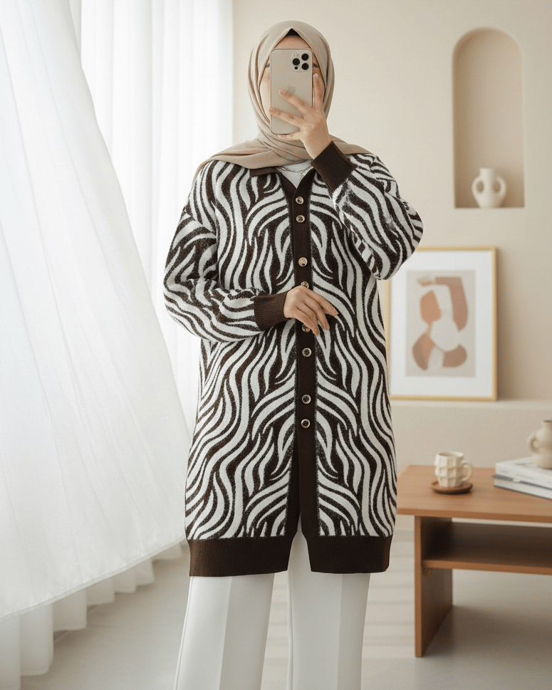 Düğmeli Zebra Desen Sakallı Triko Hırka -Kahve