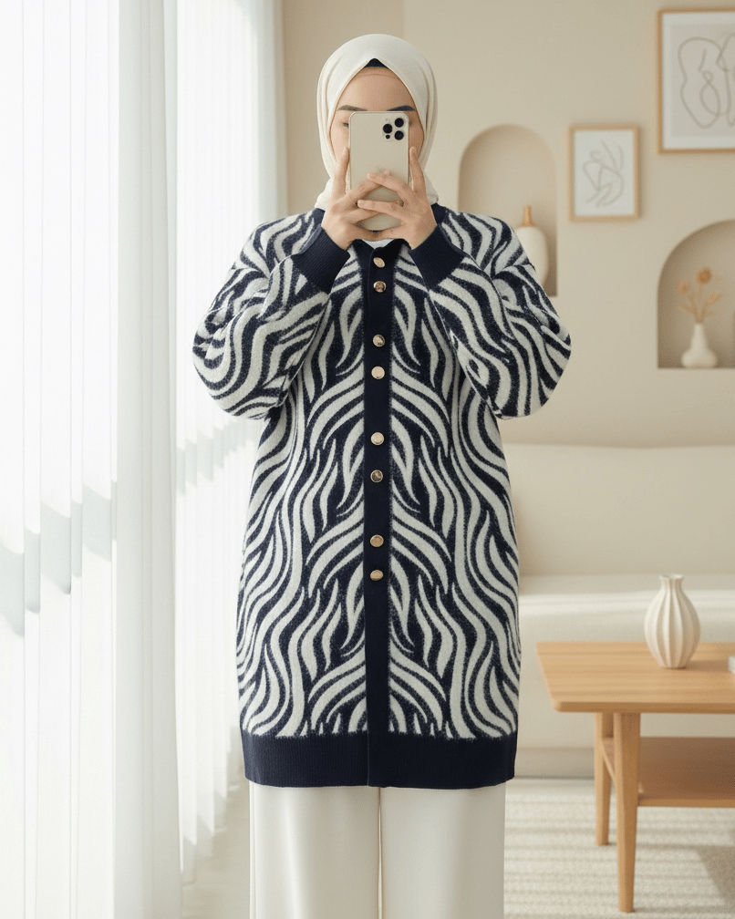 Düğmeli Zebra Desen Sakallı Triko Hırka -Laci