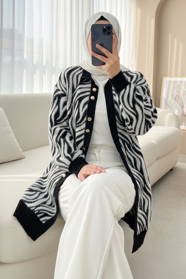 Düğmeli Zebra Desen Sakallı Triko Hırka -Siyah