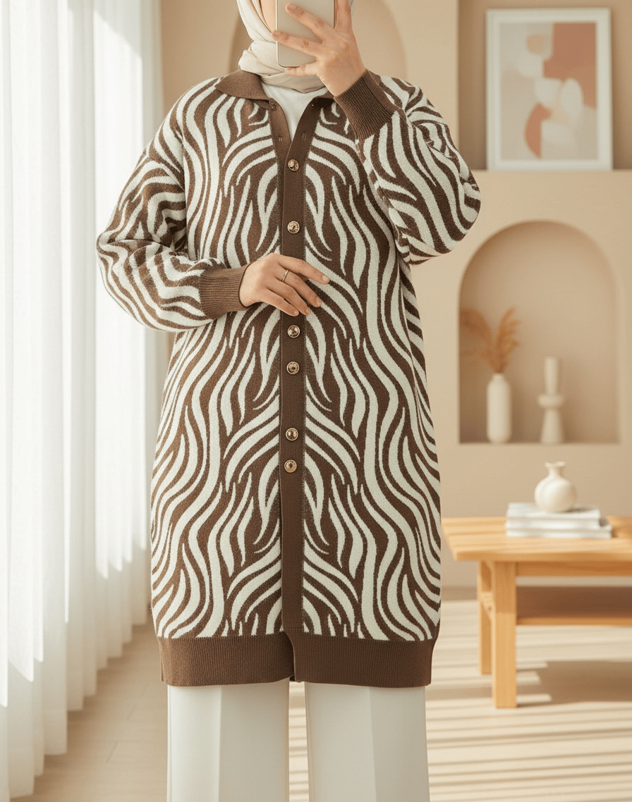 Düğmeli Zebra Desen Sakallı Triko Hırka -Açık Kahve