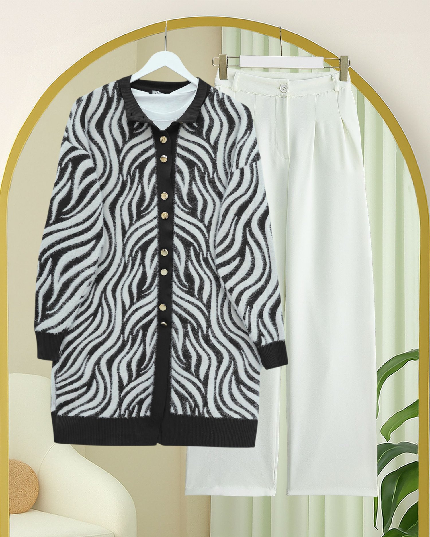 Düğmeli Zebra Desen Sakallı Triko Hırka -Siyah